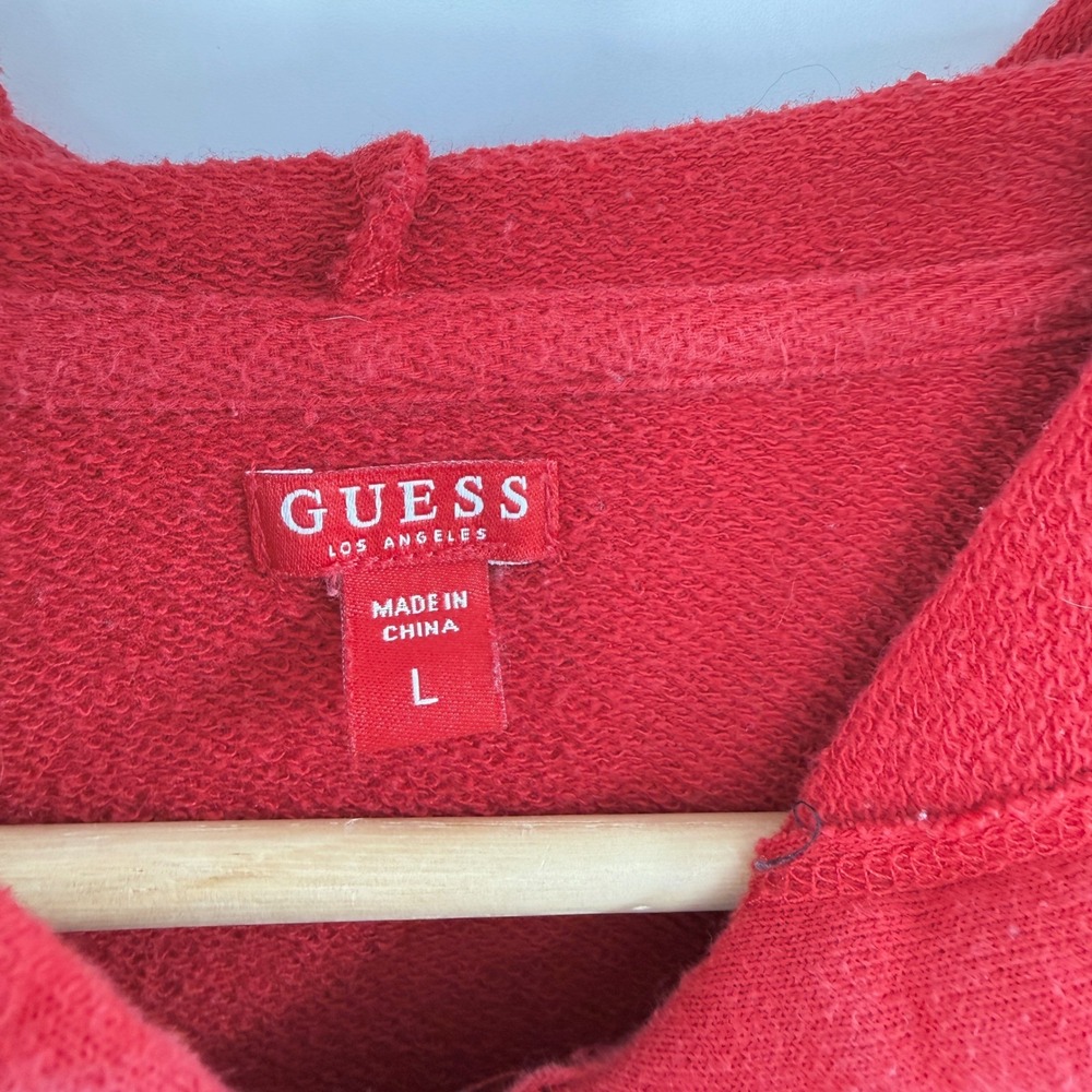 Guess Red Cropped Zip Up Hoodie Long Sleeve Drawstring Hem Logo Graphic Large - Picture 3 of 12